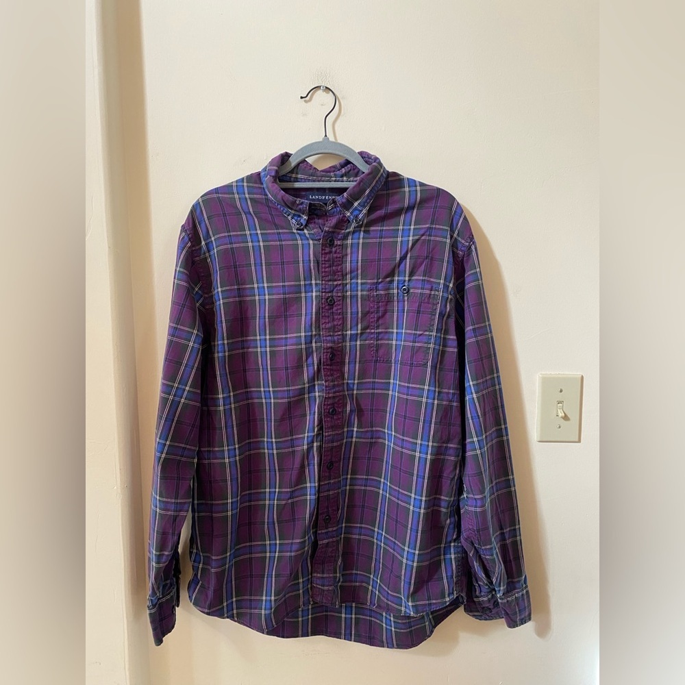 Vintage Lands’ End Purple Plaid Button-Down Shirt 100% Cotton Men’s L 16–16.5